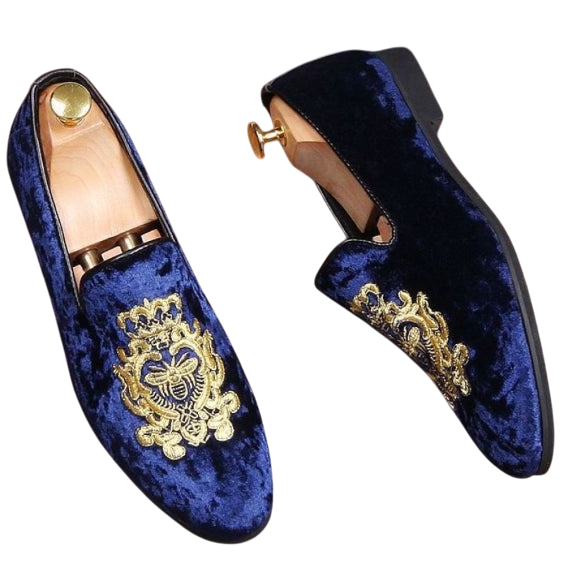 Handmade Men's Blue Embroidered Velvet Luxury Loafers