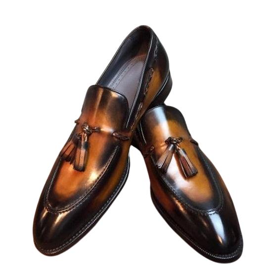 Handmade Men's Brown Patina Leather Tassel Loafers