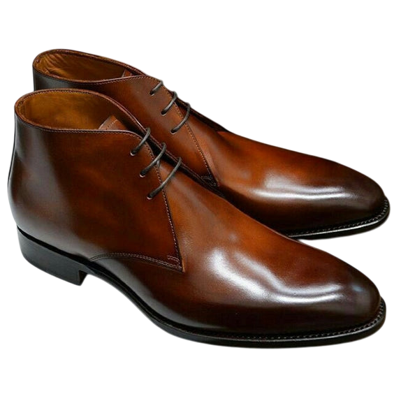 Handmade Men's Brown Leather Ankle High Chukka Boots