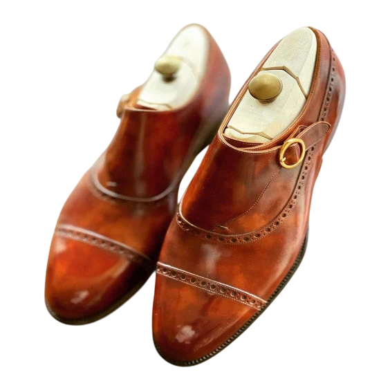 Handmade Men's Brown Leather Monk Buckle Shoes